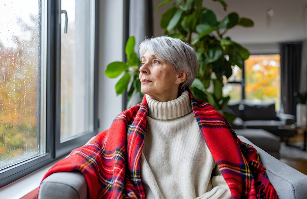 Woman with short silver hair wrapped in a red plaid blanket resting by a rainy window while recovering from the flu at home