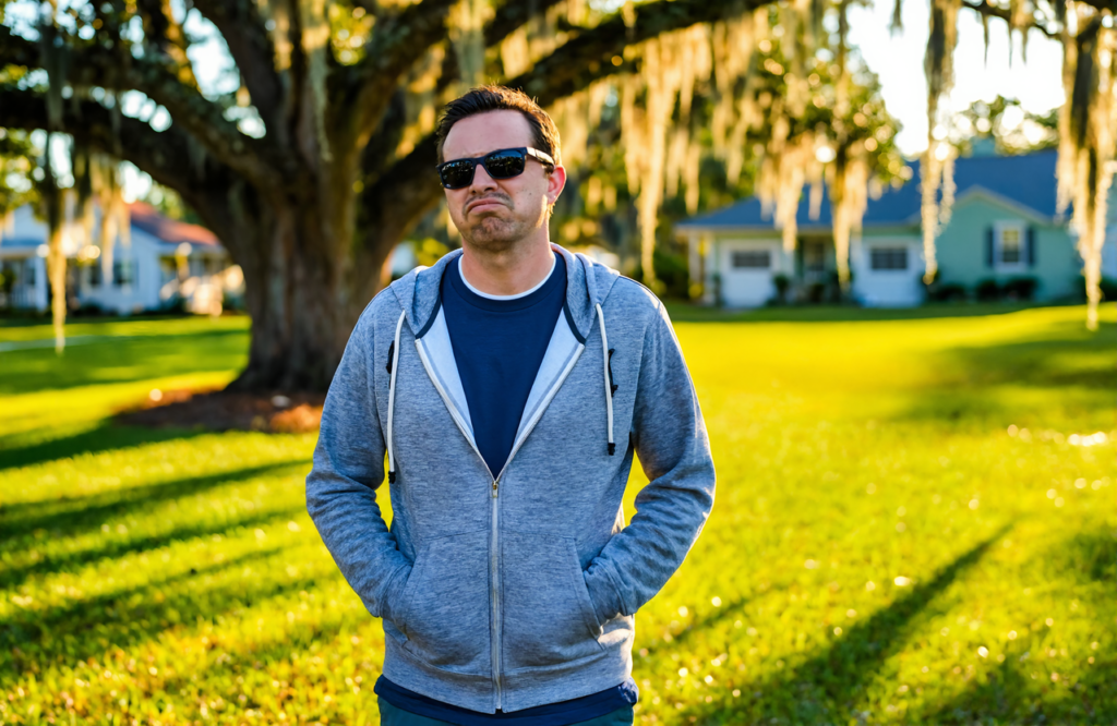 Man in sunglasses and a gray hoodie standing under a live oak on a bright afternoon, dealing with migraine light sensitivity near Vancleave, MS