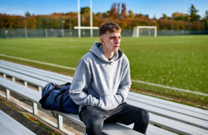 Worn-out young man in a gray hoodie sitting alone on bleachers beside a football field on a sunny fall day, sidelined by mono fatigue