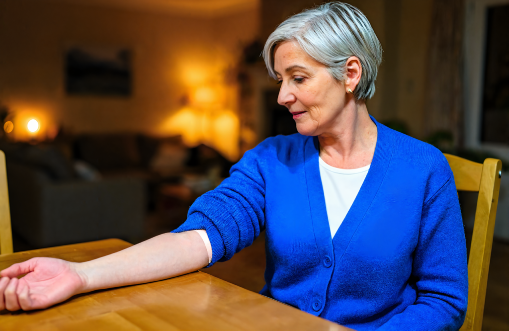 Woman in a cobalt blue cardigan at a dining table looking at her inner forearm, the TB skin test site