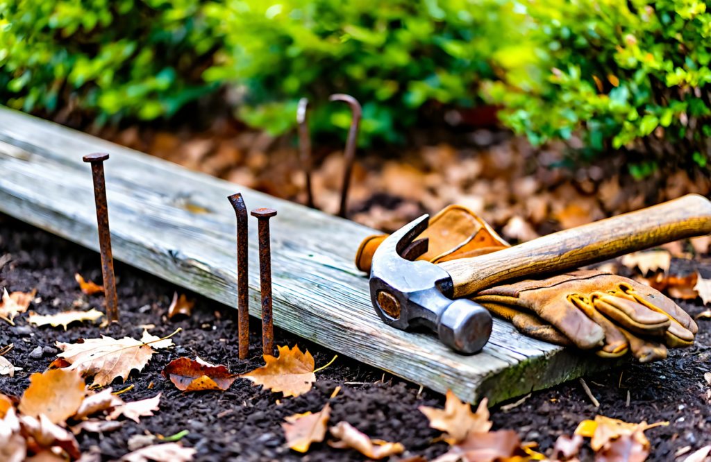 Rusty nails sticking up from a weathered board beside a claw hammer and leather work gloves on garden soil
