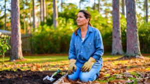 Woman in canvas gardening gloves kneeling by a garden bed during fall yard work, a good time to check if you need a tetanus shot