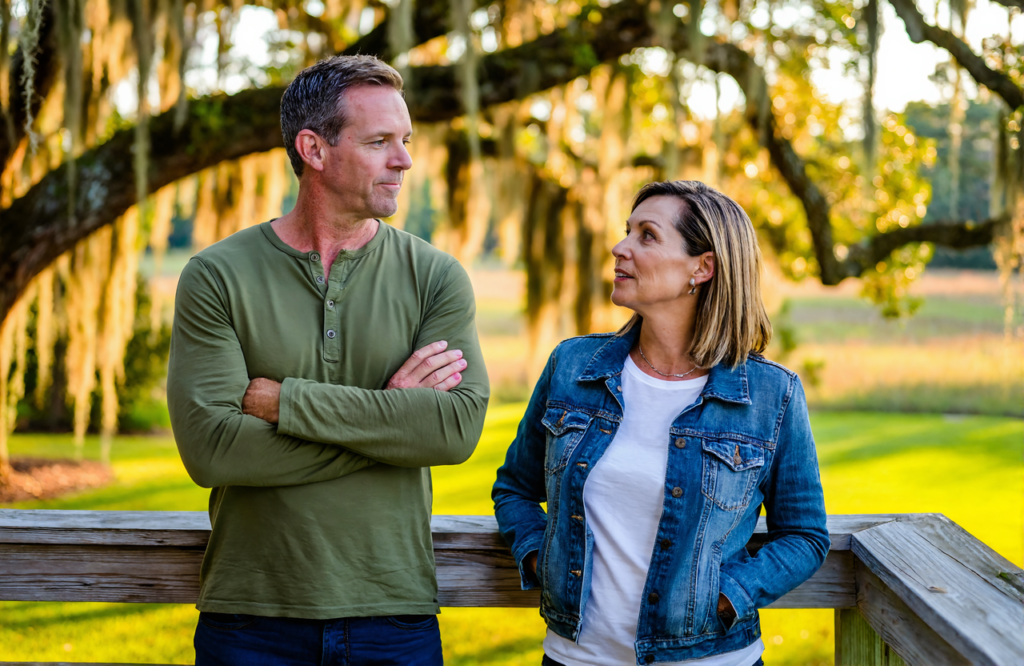 Husband and wife talking on a back porch under live oaks hung with Spanish moss