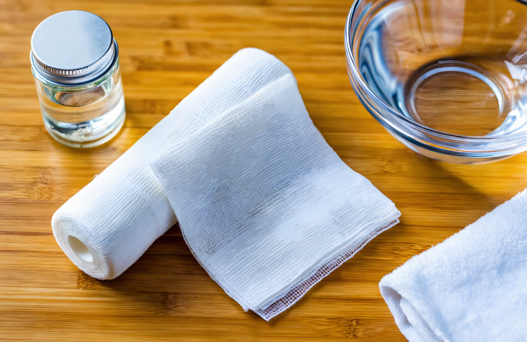 Rolled gauze bandage, folded gauze pad, small glass jar, glass bowl of water, and white towel on a wooden counter for minor burn care at home
