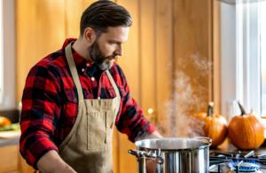 Bearded man in a red plaid flannel shirt and canvas apron watching a steaming stockpot on a gas stove in a fall kitchen