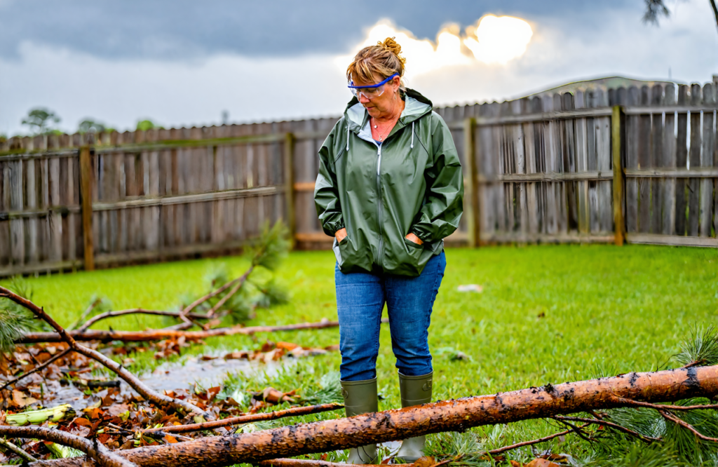Woman in safety glasses and a green rain jacket checking a fallen pine limb during hurricane cleanup on the Mississippi Gulf Coast